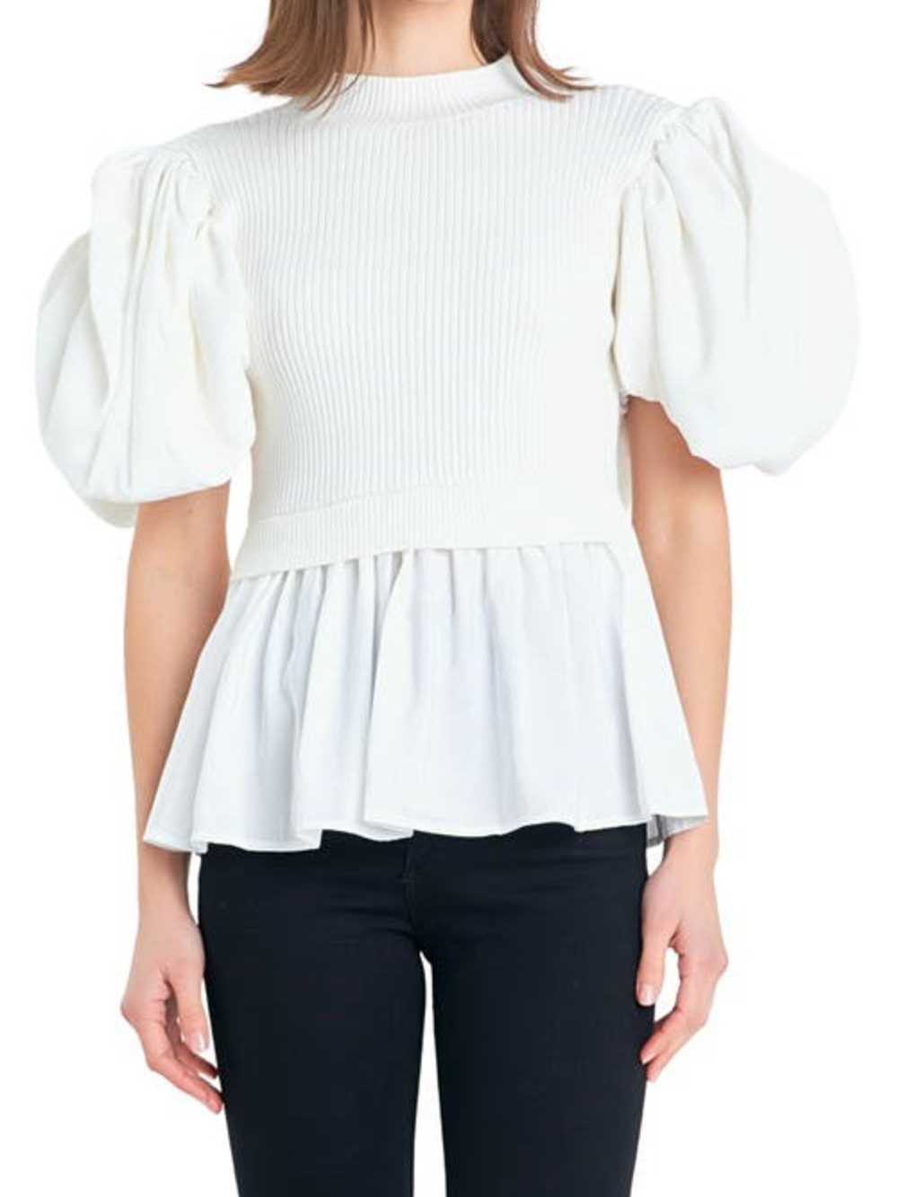 NWT English Factory Mixed Media Puff Sleeve Sweater Top Ivory Medium